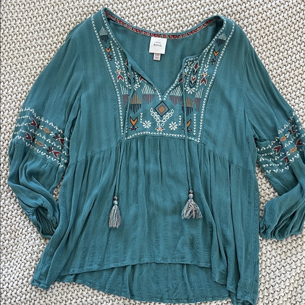 Knox Rose Teal Embroidered Blouse